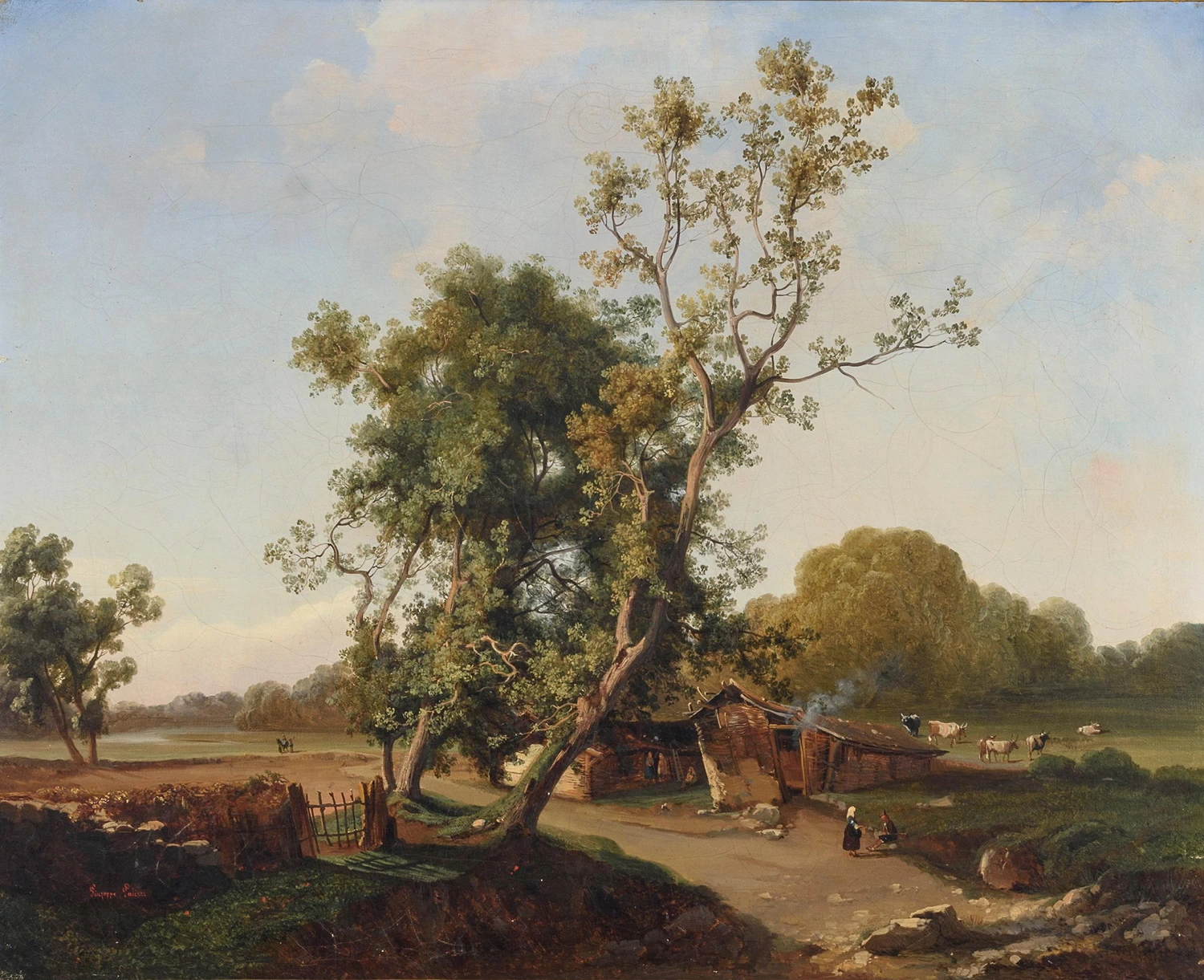 Paesaggio boschivo con capanna e pastori